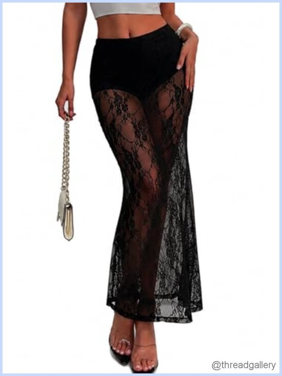 Dresses & Skirts - Sheer Lace Maxi Skirt with Built-in Shorts Mermaid Silhouette